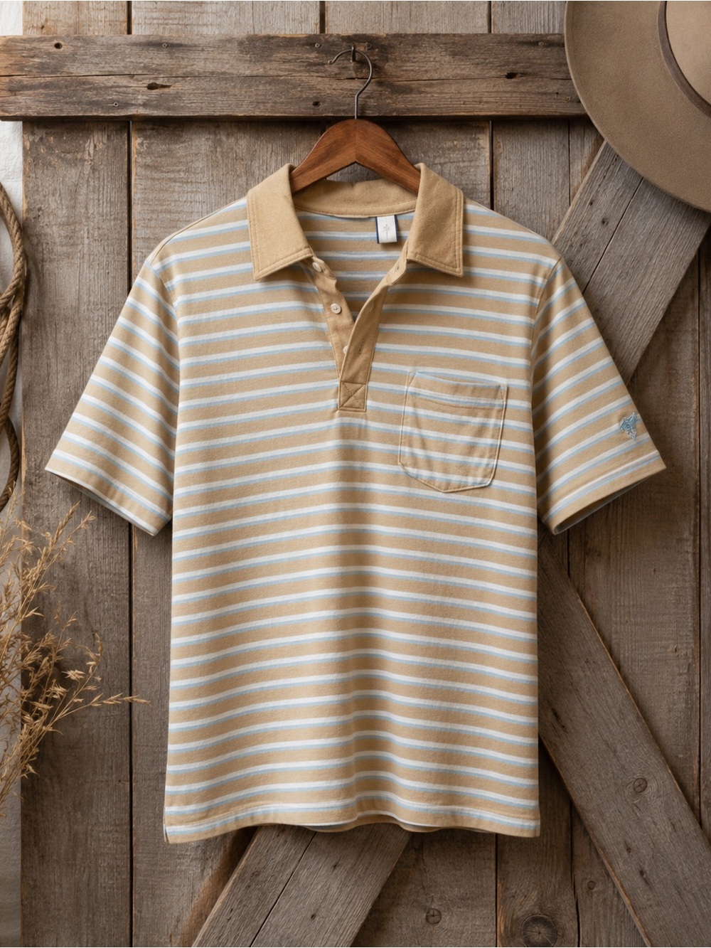 Wrangler vintage Striped Polo Shirt Beige Blue Short Sleeve men’s size medium‎